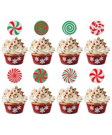 Whaline 24Pcs Christmas Cupcake Toppers Red Green Glitter Xmas Peppermint Candy Cupcake Picks for Xmas Holiday New Year Gathering Celebration Birthday Party Cake Decoration Supplies 8 Styles