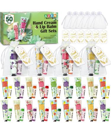 AZEN 50 Sets Hand Cream Bulk and Lip Balm Bulk Set Bridal Shower Gifts for Guests Thank You Gifts for Coworkers Women Men with Organza Bag Thank You Card Bridal Wedding Favors for Guests B-50Set