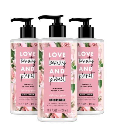 Love Beauty and Planet Delicious Glow Body Lotion for Soft Glowing Skin Murumuru Butter & Rose Natural Ingredients Plant-Based Moisturizers Vegan Cruelty-Free 13.5 Ounce (Pack of 3)