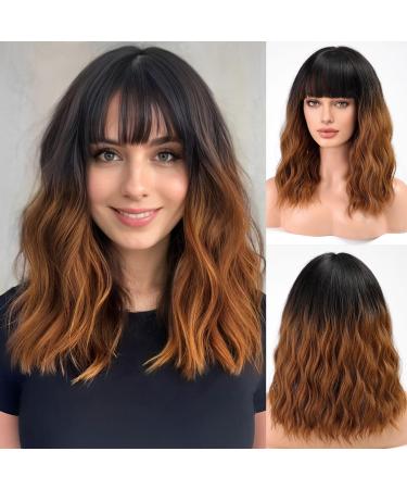 Haircube short charming bob with bangs wigs for woman nature heat -resistant synthetic fiber party/cosplay/costume/daily wig (ombre brown)
