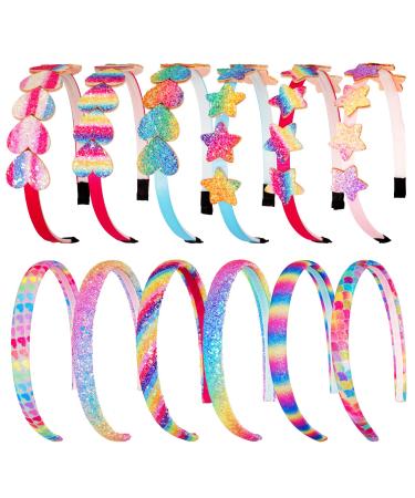 Whaline 12Pack Rainbow Headbands Glitter Heart Girls Headbands Rainbow Girls Star Hairbands Glitter Pink Sequin Printed Headband for Girls Hair Accessories