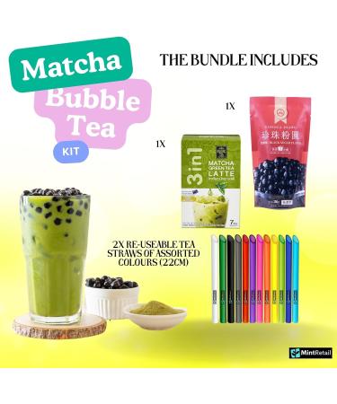 Matcha Bubble Tea Kit (7 servings) with Ranong Thai Tea Mix Matcha Green Tea Latte Instant Mix 161g and Wu Fu Yuan Black Tapioca Pearls 250g Including Mint Retail Boba Tea Straws - Buy Online on SooperMarket.com