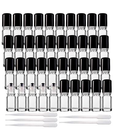 Jucoan 40 Pack 5ml Clear Glass Roll on Bottles Refillable Essential Oil Bottles with Stainless Steel Roller Balls and 5 Droppers for Sample Travel DIY Cosmetic Containers