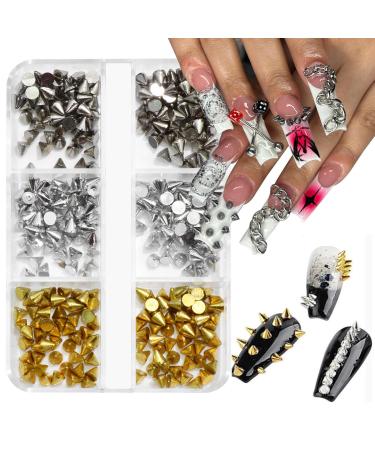 6Grid Metal Rivet Punk Nail Charms 3 Color Cone Metalic Spike Studs Acrylic Spike Studs Gothic Nail Rivets Studs for Nail Art and DIY Crafts Jewelry Decoration 3 Color Stud