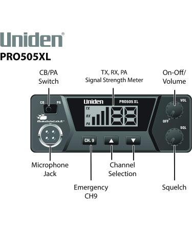 Uniden PRO505XL 40-Channel CB Radio - Compact Design, PA Function, Emergency Channel 9, External Speaker Jack, Large Display - Black - Buy Online on SooperMarket.com