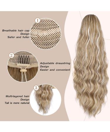 YEESHEDO Long Wavy Ponytail Hair Extension- 26 Inches Light Brown with White Highlights | Clip in Drawstring Curly Synthetic Hairpiece for Women - Buy Online on SooperMarket.com