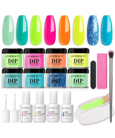 AZUREBEAUTY 18Pcs Dip Powder Nail Kit Starter, Spring Summer Colors Pastel Neon Yellow Blue Hot Pink Acrylic Dipping Powder Liquid Set with Base/Top Coat for Beginners French Nails Art Manicure Salon A1-Water World