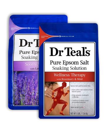 Dr Teal's Epsom Salt Bath Combo Pack (6 lbs Total), Soothe & Sleep with Lavender, and Wellness Therapy with Rosemary and Mint