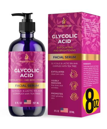 InstaSkincare Glycolic Acid Serum for Face 15% Strength - Extra Large Size (8Oz) - Advanced Formula for Enhancing Skin Radiance Texture Improvement Addressing Uneven Tone & Fine Lines Glycolic Acid Serum 8Fl Oz