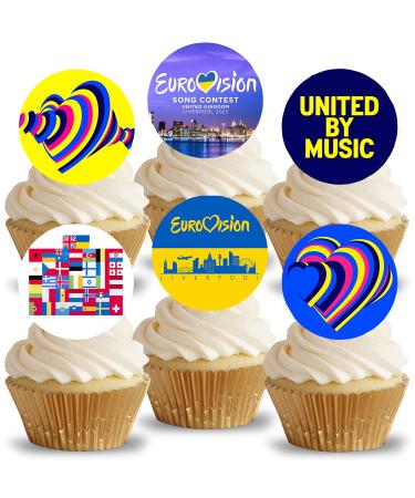 24 x Pre-Cut Stand up Eurovision Song Contest Edible Wafer/Rice Paper Cupcake Cake Dessert Toppers United Kingdom Liverpool 2023 Party Music Decorations