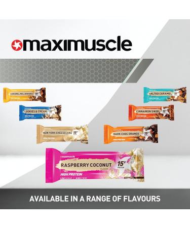 Maximuscle Protein Bars | High Fibre Low Sugar Healthy Snacks with 15g of Protein & Under 175 Calories per Serving | Raspberry Coconut 12 x 45g - Buy Online on SooperMarket.com
