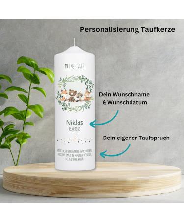 Personalized Baptismal Candle with Forest Animals | Unique Gifts for Godparents | Custom Candle with Baptism Saying | TK022 - Buy Online on SooperMarket.com