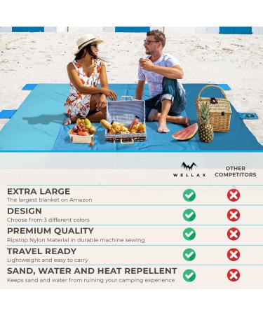 WELLAX Beach Blanket 9x10 Ft - Waterproof, Sandproof, Lightweight Mat for 8 Persons - Quick Drying, Durable, 8 Pockets, 4 Stakes - Great for Picnic, Camping, Travel - Blue - Buy Online on SooperMarket.com