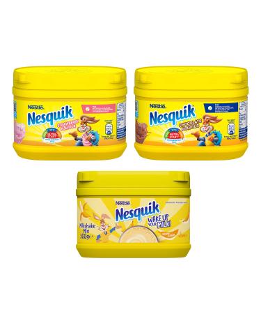Nesquik Strawberry Chocolate And Banana Flavour Bundle .Enjoy These Classic Flavours With Your Milk | 1X 300G Strawberry Tub 1 X300G Chocolate Tub And 1X300G Banana Flavour Tub Total Of 3 X 300G Tubs