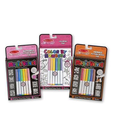 Melissa & Doug Color by Numbers and Magic Velvet Activity Pad 3-Pack (Unicorns Butterflies Puppies) - Mini Coloring Book Arts & Crafts for Kids