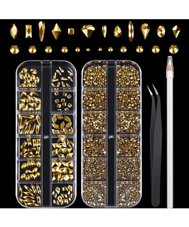 120 Pieces Multi Shapes Gold Gems Crystals and 3000 Pieces Gold Nail Rhinestones Round Flat Back Gems Diamond Stone with Rhinestone Picker Dotting Pen and Tweezer for Nail Clothes