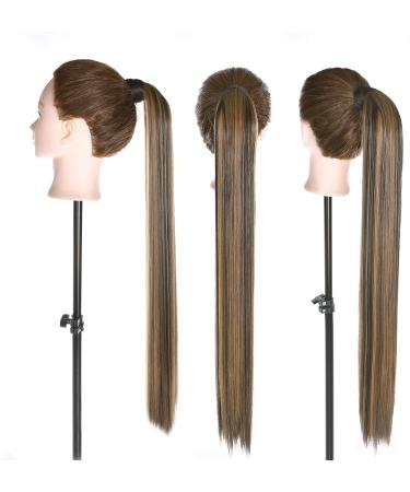 32 Inch Long Straight Ponytail Extension Wrap Around Ponytail Clip in Hairpiece Synthetic Hair Extensions for Women - Dark Brown mix Sandy Blonde - Buy Online on SooperMarket.com