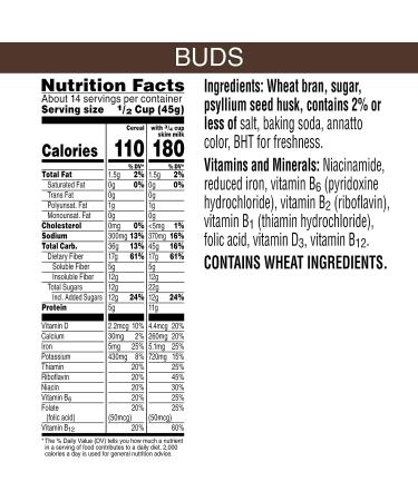 Kelloggs All Bran Buds High Fiber Cereal 22oz Box - Original Flavor with 8 Vitamins and Minerals - Buy Online on SooperMarket.com
