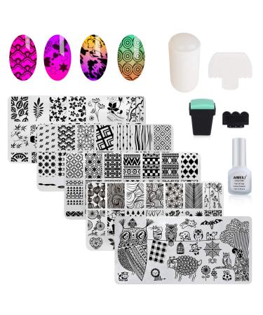 AIMEILI Nail Art Stamping Templates Manicure Tool Kit 5Pcs Nail Stamping Plates 2 Stamper 2 Scraper 1 Latex Peel Off Tape