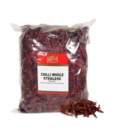 Apna Chilli Whole Stemless 2.25 kg (5 lb) Dried Red Pepper (Lal Mich Sabut) Deggi Mirch Quality Natural Herbs & Spices for Cooking 100% Natural Non-GMO Vegan & Gluten Free