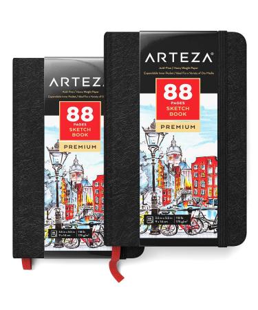 Arteza Small Sketch Book Pack of 2, 3.5 x 5.5 Inches Drawing Pad, 88-Page Pocket Sketch Pads with 118lb Paper, Bookmark Ribbon, Inner Pocket, and Elastic Strap, Drawing Book for Dry Media 3.5x5.5" 2 Pack