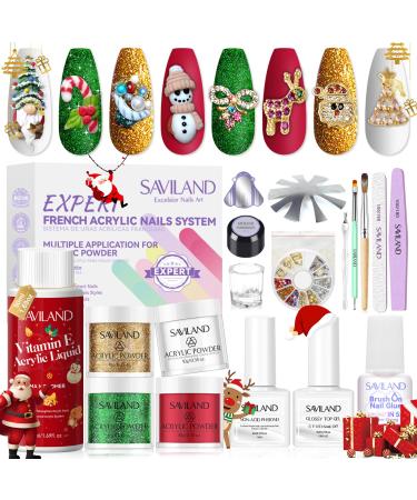 Saviland Christmas Acrylic Nail Kit - 4 Colors Acrylic Powder Acrylic Liquid Acrylic Nail Brush Nail Art Brush Dotting Pen Non-acid PH bond Top Gel Nail Rhinestones for Acrylic Nails Nail Extension Christmas color