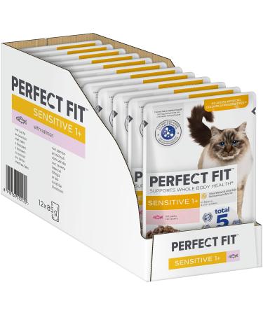Perfect Fit Sensitive 1+ - wet food for adults sensitive cats from 1 year - salmon in sauce - supports digestion - 12 x 85 g salmon 85 g (12 pack)