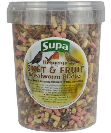 Supa Dried Mealworms Hi-Energy Suet Pellets & Fruit Mix for Wild Birds 1 Litre Bucket High Energy Protein Rich Treat For Garden Birds Attract More Birds To Your Garden Quality Wild Bird Food.
