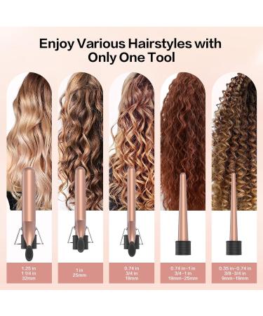 DAN Technology 5 in 1 Curling Iron Set - Dual Voltage Hair Curler with 5 Ceramic Barrels 2 Heat Settings & Heat Protective Glove - Adjustable Temperature Rose Gold - Buy Online on SooperMarket.com