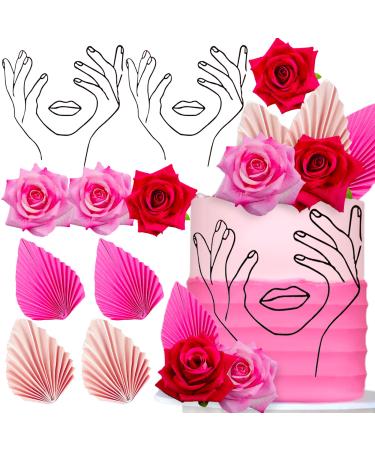 JeVenis Rosa Acrylic Minimalist Art Lady Face Cake Topper Pink Rose Cake Topper Gold Palm Leaves Wedding Cake Toppers for Wedding Bridal Shower Birthday Party