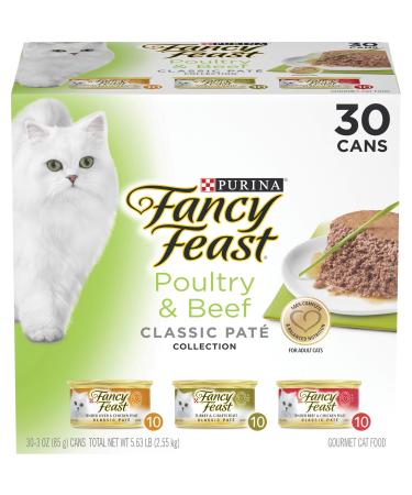 Purina Fancy Feast Grain Free Pate Wet Cat Food Variety Pack, Poultry & Beef Collection - 3 oz. - 30 Cans (Pack of 1)