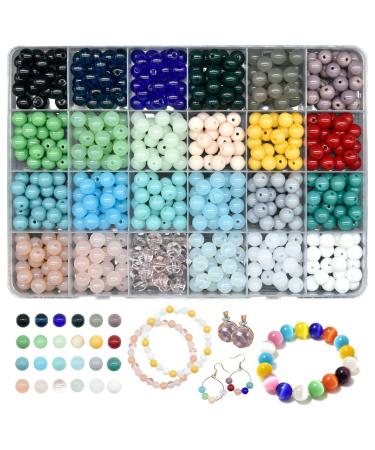 KOTHER 600PCS Glass Beads for Jewelry Making, 8mm DIY Glass Gemstone Beads Bracelet Making Kit Healing Chakra Beads, 24 Color Round Gemstone Beads Suitable for Beginners Glass Beads kits