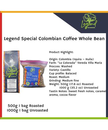 Legend Special Colombian Coffee | Unroasted Green Beans | 100% Organic | Green (raw) | Altitude 1850 MASL Huila - Colombia | Process Washed | Selective Harvesting| 1 Kg - Buy Online on SooperMarket.com