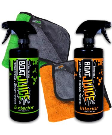Boat Juice Cleaner Kit - 32oz Exterior Cleaner - Ceramic SiO2 Sealant - Water Spot Remover & 32oz Interior Boat Vinyl Cleaner - Ceramic UV Protectant - Includes Interior and Exterior Microfiber Towels