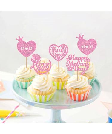 Cyodoos 24 Pcs Happy Mothers Day Cupcake Toppers Glitter Cake Toppers Cupcake Heart Mother Happy Birthday Party Supplies Decorations Pink - Buy Online on SooperMarket.com