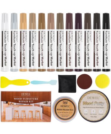 DEWEL Furniture Markers Touch Up Kit 12 Colors Wood Markers Furniture Repair Wood Polish Wax and Wood Putty Filler Wood Stain Pen for Scratches Stains Wooden Floor Table Cabinet Bedpost