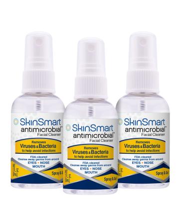 SkinSmart Facial Cleanser Spray to Remove Viruses and Bacteria Around Eyes, Nose and Mouth, Fight Maskne, 2 oz Spray (3 Pack) Non-Irritating Hypochlorous Spray 2 Ounce Travel Size (Pack of 3)