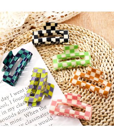 Whaline 6 Pack Checkered Hair Claw Clips Strong Hold Rectangle Hair Claw Multicolored Plaid Non-Slip Catch Hair Clips Jumbo Hair Styling Accessories for Women Girls Thin Thick Hair