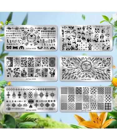 JSRQT Nail Art Stamping Plates Set - 6 Mixed Pattern Stencils for DIY Manicure | Sweet Panda Floral & Leaf Designs - Buy Online on SooperMarket.com