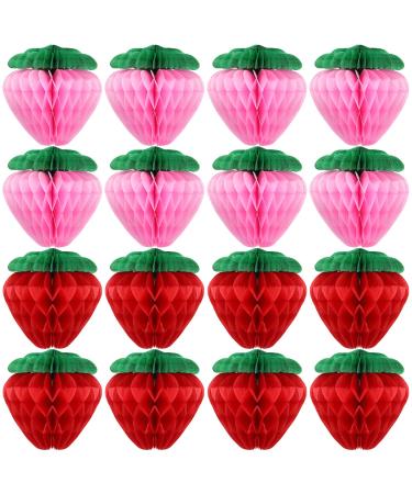 KAYNO 16 Pieces 6 Inch Strawberry Honeycomb Ball Tissue Paper Strawberry Ball Paper Strawberry Decoration for Strawberry Themed Birthday Party (Pink Red)