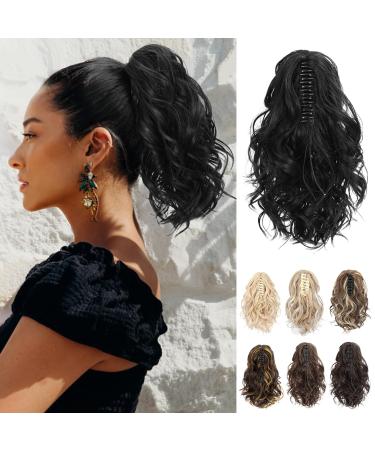 REECHO Ponytail Extension Claw Clip in Ponytail Hair Extensions 10 Inch Short Curly Ponytail Natural Wavy Synthetic Hairpiece for Women Black 10 Inch Black