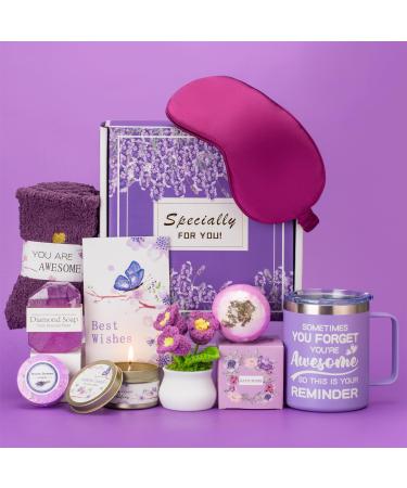 Birthday Gifts for Women Purple Birthday Present Relaxing Spa Gifts Get Well Soon Self Care Gift Set Inspirational Gifts Basket for Women Mom Sister Best Female Friend Wife Thank You Gifts Box Gifts