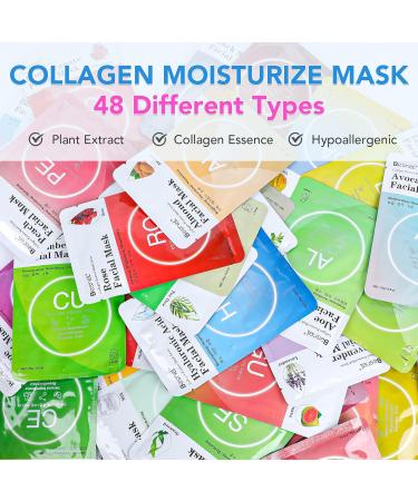 Besnel Collagen Facial Masks - 48 Pack, Plant Extract & Sodium Hyaluronate, for All Skin Types, Korean Spa Face Mask - Buy Online on SooperMarket.com