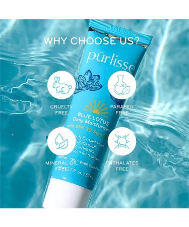 Purlisse Blue Lotus SPF 30 Essential Daily Moisturizer | Cruelty-Free & Clean | Anti-Aging | Reef Safe | Non-Greasy Formula with Vitamin E & Algae Extracts | 1.7oz - Buy Online on SooperMarket.com