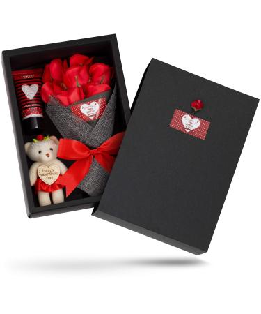 Birthday Gifts for Her Bath and Body Gift Baskets for Women Spa Bath Gift Basket Red Rose & Jasmine Scent Plant Essential Oil with Floral Bouqet of Soaps Hand Lotion & Cuddly Stuffed Bear