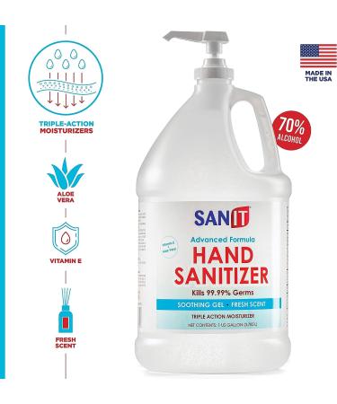 Sanit Moisturizing Hand Sanitizer Gel 70% Ethyl Alcohol - 1 Gallon with Pump | Made in USA | Kills 99.99% Germs - Advanced Formula with Vitamin E and Aloe Vera | Fresh Scent - Soothing Gel - Buy Online on SooperMarket.com
