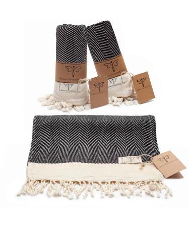 SMYRNA TURKISH COTTON Herringbone Series Hand Towels-Set of 2|16 x 40 in|100% Turkish Cotton|Large, Soft Hand and Head Towels for Bathroom, Kitchen|Don't Shrink|Premium Luxury - Black