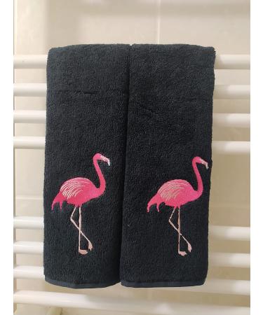 2-Pack White Flamingo Fingertip Kitchen Towels, Deluxe Premium Terry Hand Towels 100% Cotton, 11inchx18inch (Black), 11WX18L