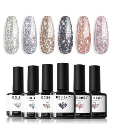 Modelones Glitter Gel Nail Polish - 6 Colors Sparkle Black Silver Gold Pink Gel Polish Set Soak Off UV Gel Nail Starter Kit Popular Nail Art DIY Salon Home Manicure Gifts