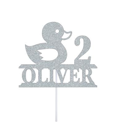 Personalize Pro Duck Themed Cake Topper | Customised Any Age Any Name Double Sided Glitter Cake Topper | Decorative Duck design for Duck Lover Birthday Cake Topper (Silver)